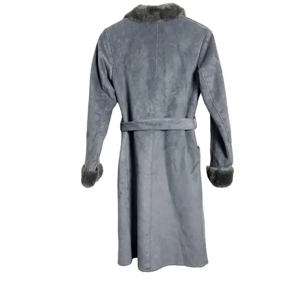 Balmain Authentic Gray Faux Fur Lined Faux Suede Belted Winter Coat Size Small